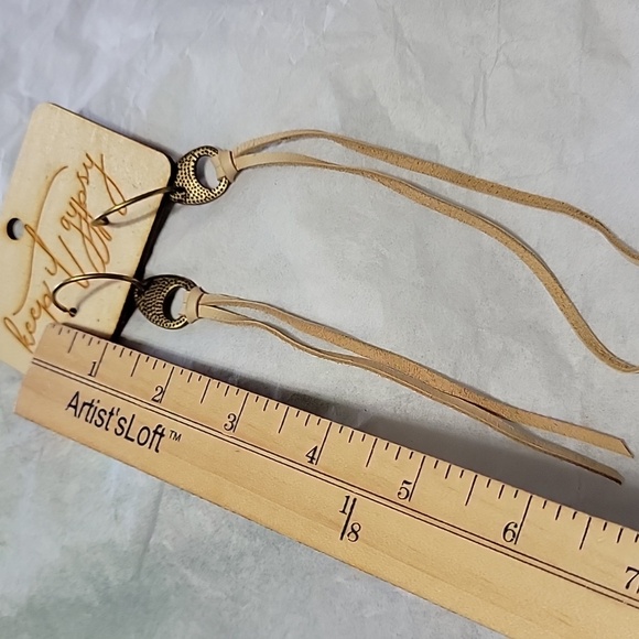 Keep It Gypsy Leather Tassels Dangle Earrings Sand Antiqued Hoops - Picture 6 of 7